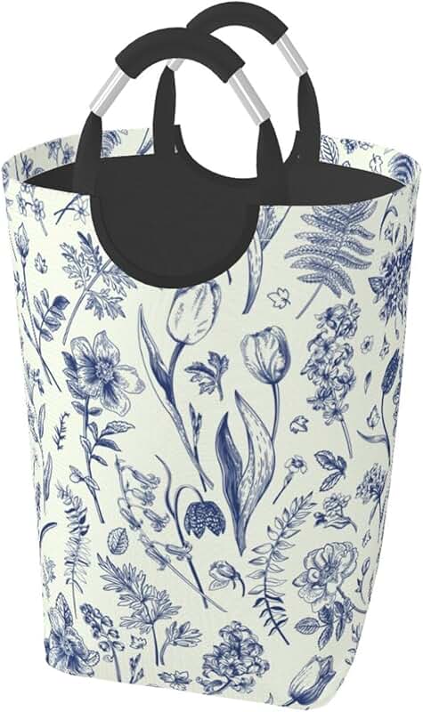 Blue floral foldable laundry basket with handles