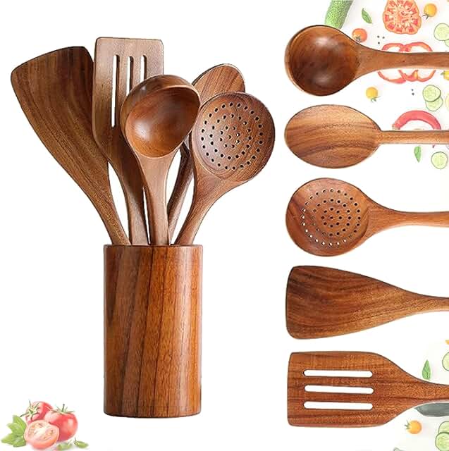 5-Piece Wooden Cooking Utensil Set with Holder