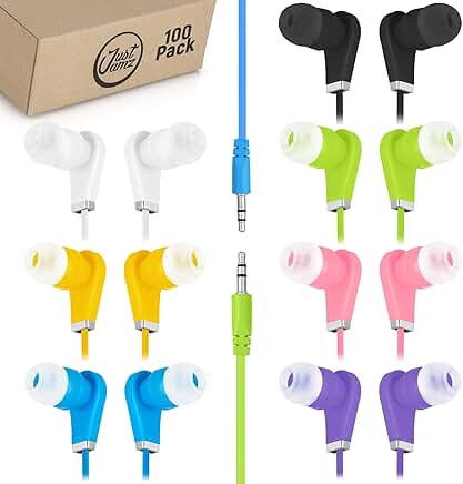100 Pack Multi-Colored Wired In-Ear Earbuds with Silicone Tips
