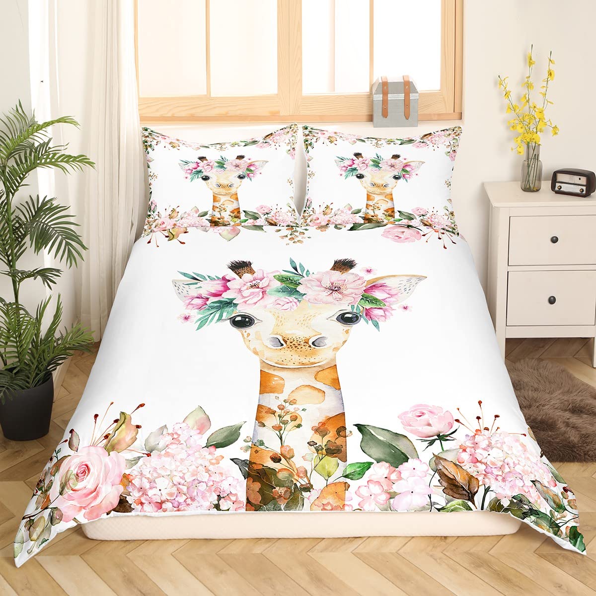 Cute Giraffe Bedding Sets Pink Rose Duvet Cover Queen Size Girls Kids,Cartoon Animal Comforter Cover Floral Flower Quilt Cover,Wildlife Giraffe Bedspread Cover Botanical Room Decor