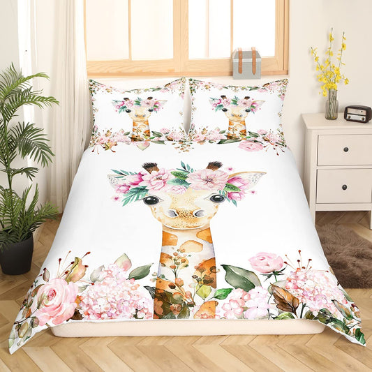 Cute Giraffe Bedding Sets Pink Rose Duvet Cover Queen Size Girls Kids,Cartoon Animal Comforter Cover Floral Flower Quilt Cover,Wildlife Giraffe Bedspread Cover Botanical Room Decor