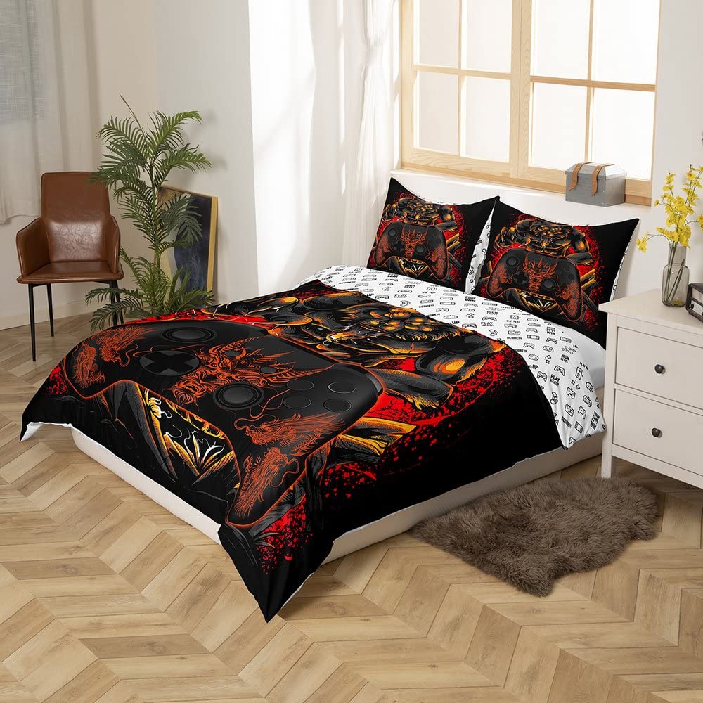 Gamer Bedding Sets for Boys Gamer Room Decor Games Duvet Cover Set Gaming Comforter Cover for Kids Teen Bedroom Dragon Gamepad Bedspreads Cover with 2 Pillow Cases Full Size