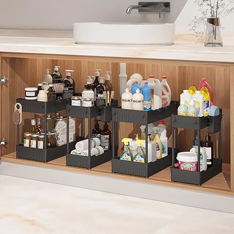 Set of four under sink storage organizers with hooks