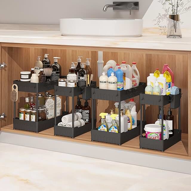 Set of four under sink storage organizers with hooks