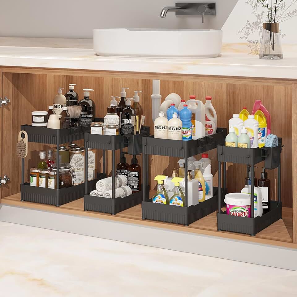 Set of four under sink storage organizers with hooks