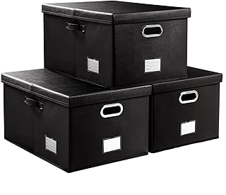 Three black foldable storage boxes with lids