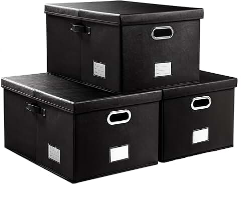Three black foldable storage boxes with lids