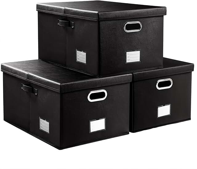Three black foldable storage boxes with lids