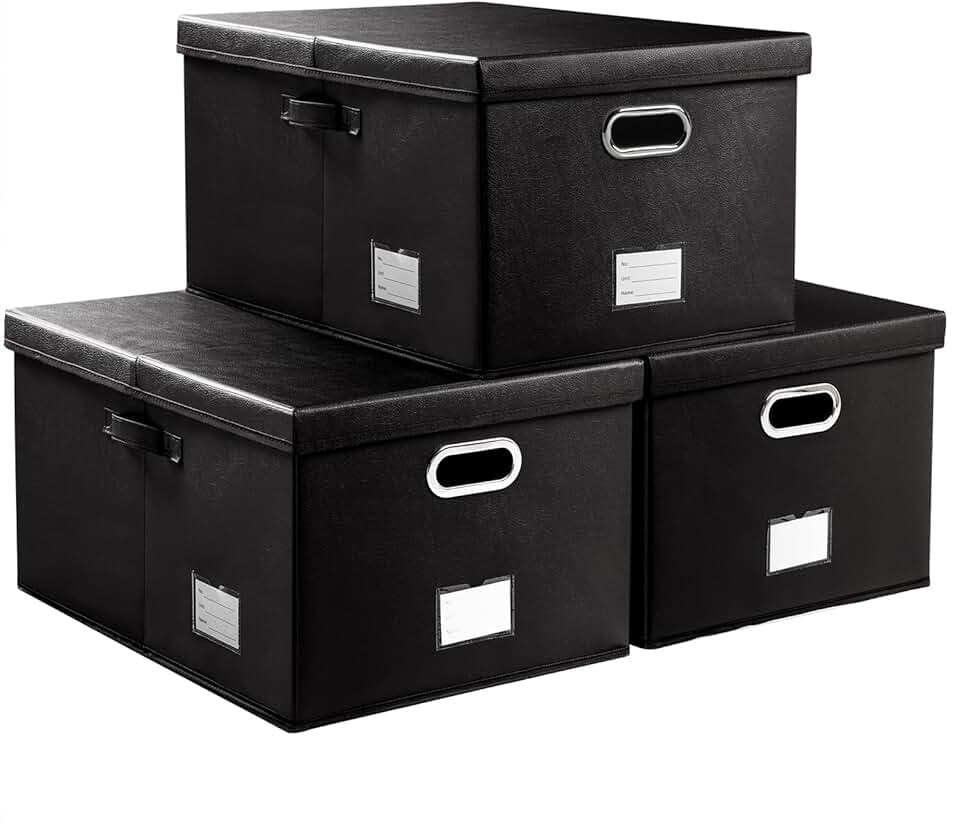 Three black foldable storage boxes with lids