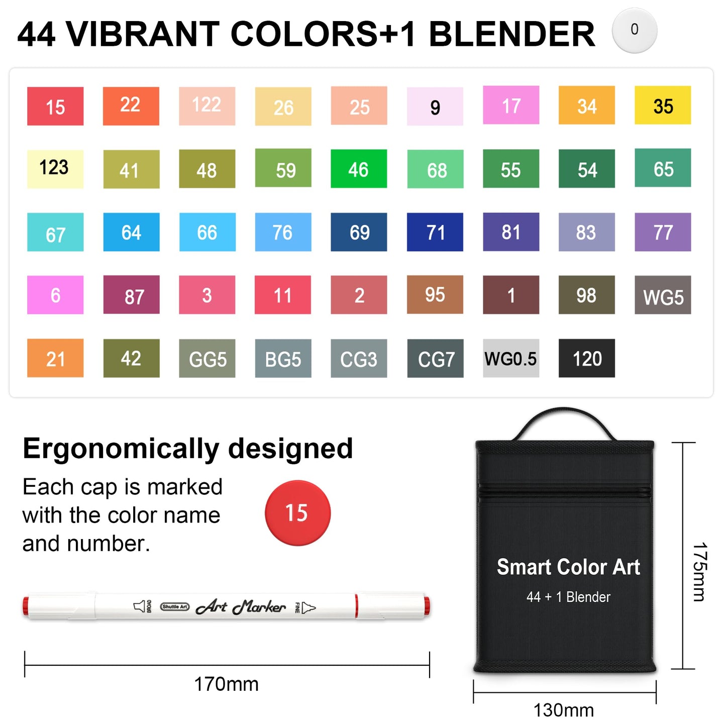 45 Pack Alcohol-Based Dual Tip Markers with Blender and Case