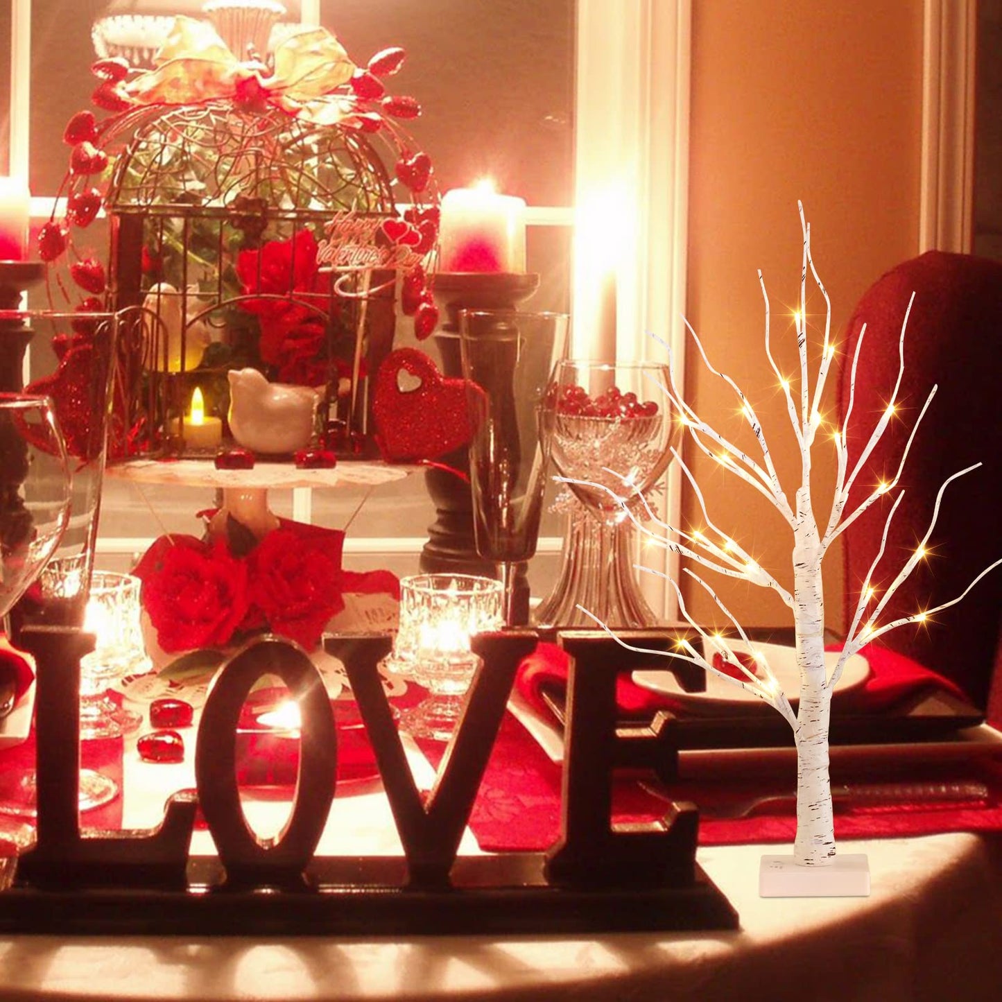 Valentine Tree Valentines Day Decor, Easter Tree Battery Powered Timer, Lighted Birch Tree with LED Lights, Artificial Tree Lamp for Christmas Decor (2FT Warm White)