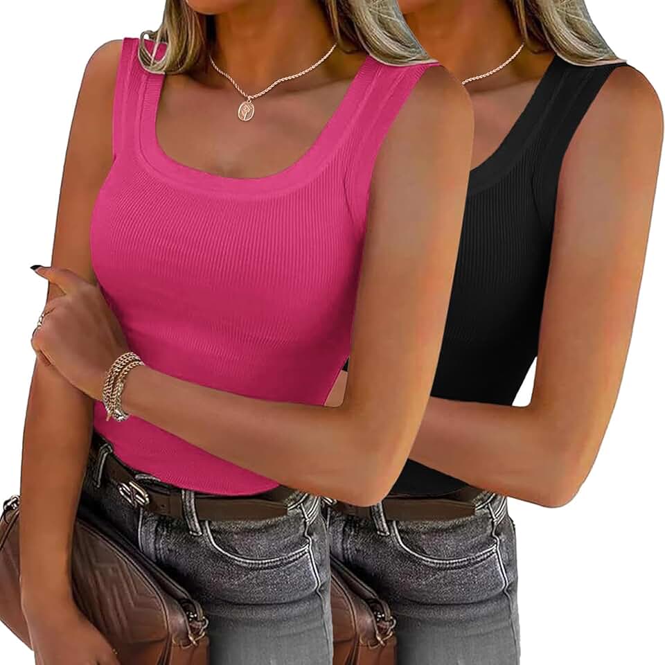 Women's Summer Ribbed Square Neck Tank Tops, 2 Pack