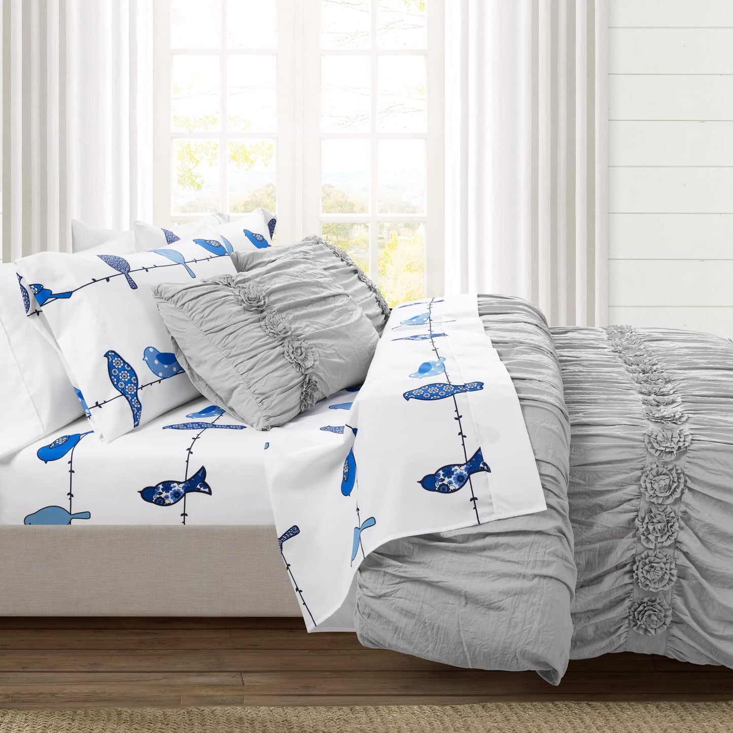 Rowley Birds Soft Sheet 6 Piece Set, Full, Navy