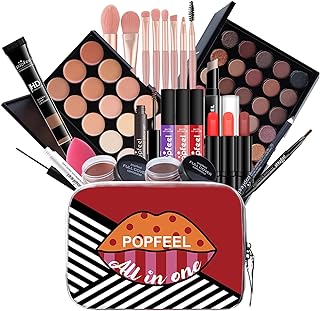 Complete makeup kit with eyeshadow, eyeliner, mascara, lipstick, and foundation