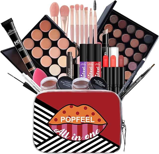 Complete makeup kit with eyeshadow, eyeliner, mascara, lipstick, and foundation