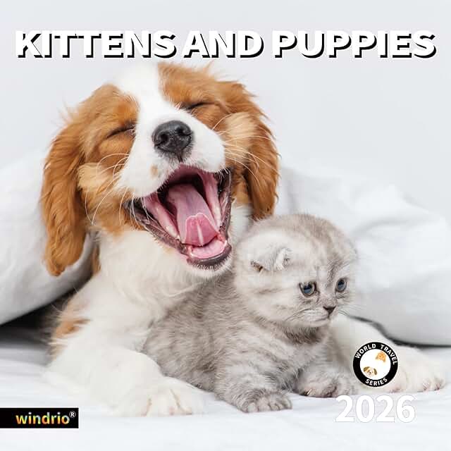 2026 Wall Calendar with Kittens and Puppies, 12x24 inches