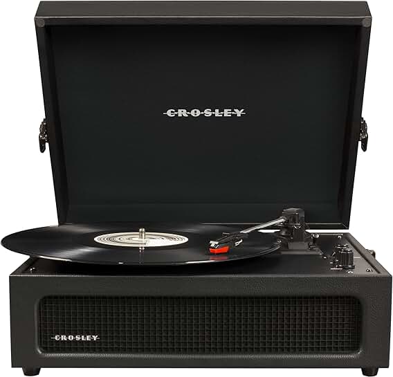 Vintage portable vinyl record player with Bluetooth and built-in speakers