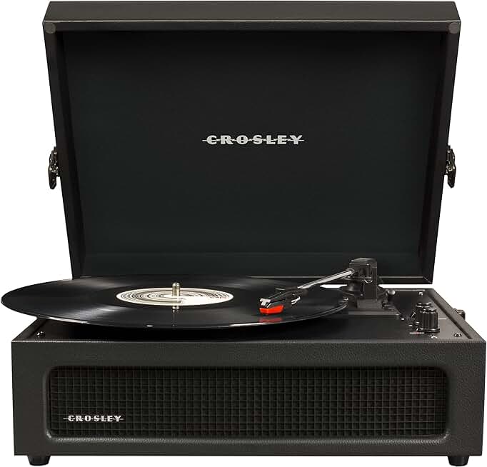 Vintage portable vinyl record player with Bluetooth and built-in speakers