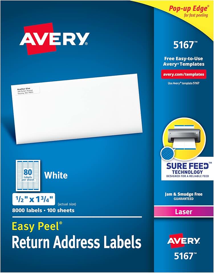 White printable return address labels, 0.5" x 1.75", 8,000 sheets