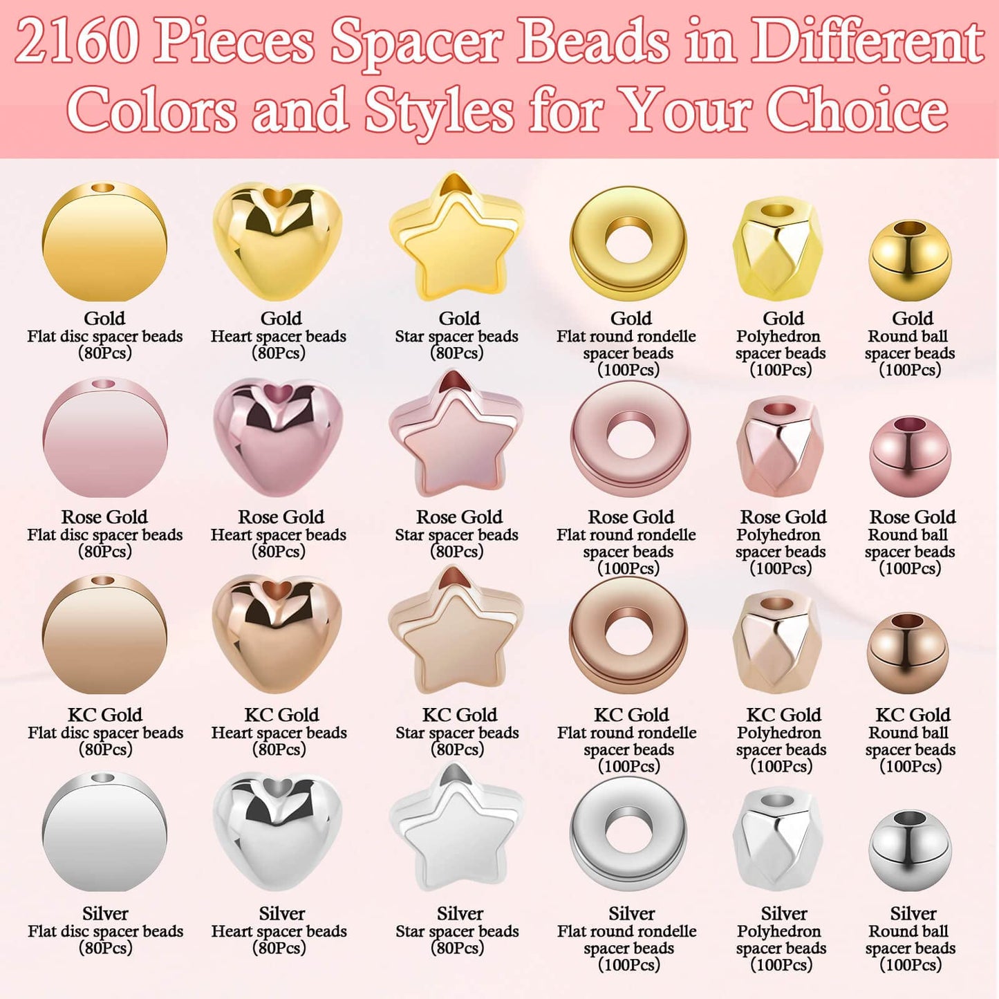 2160 Piece Assorted Gold Spacer Beads Set for Jewelry Making
