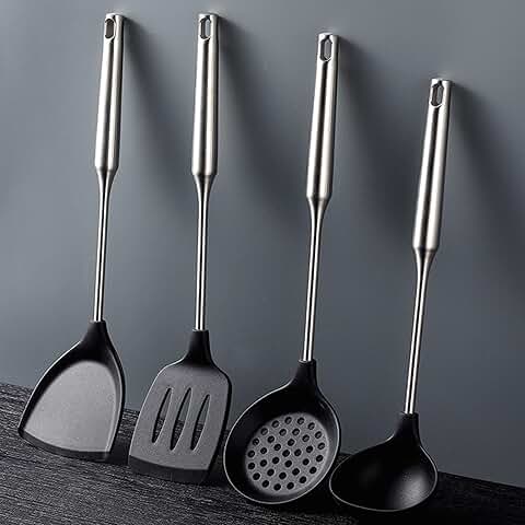 Heatproof Silicone Kitchen Utensil Set with Stainless Steel Handles