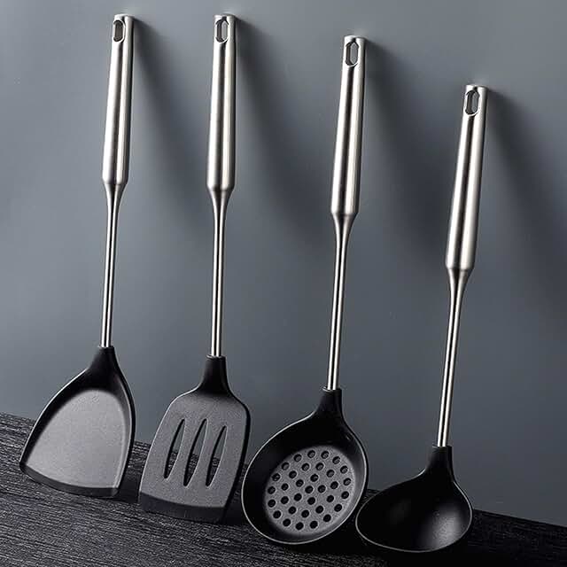 Heatproof Silicone Kitchen Utensil Set with Stainless Steel Handles