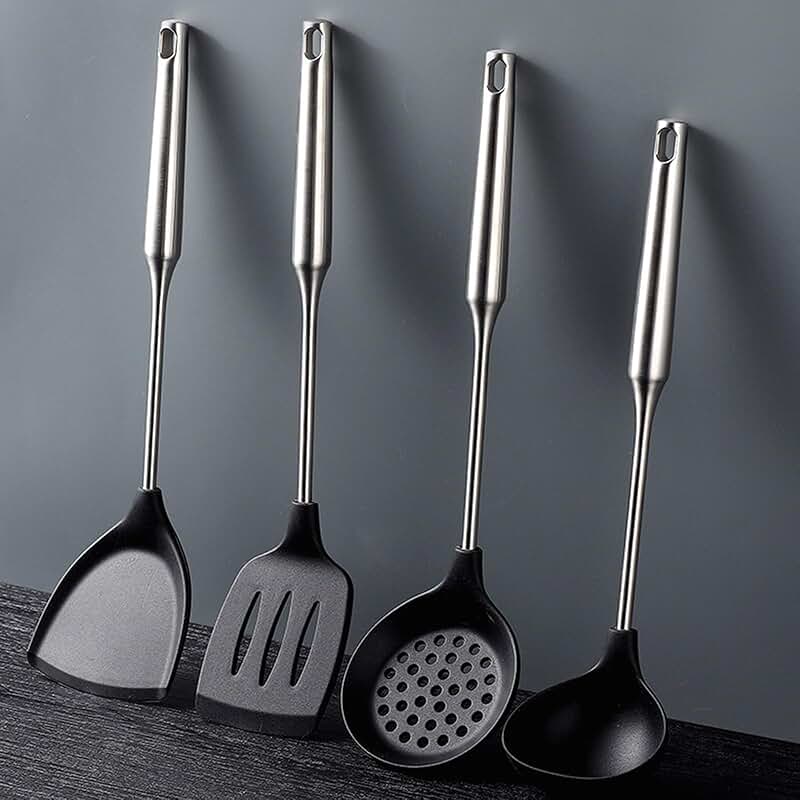 Heatproof Silicone Kitchen Utensil Set with Stainless Steel Handles