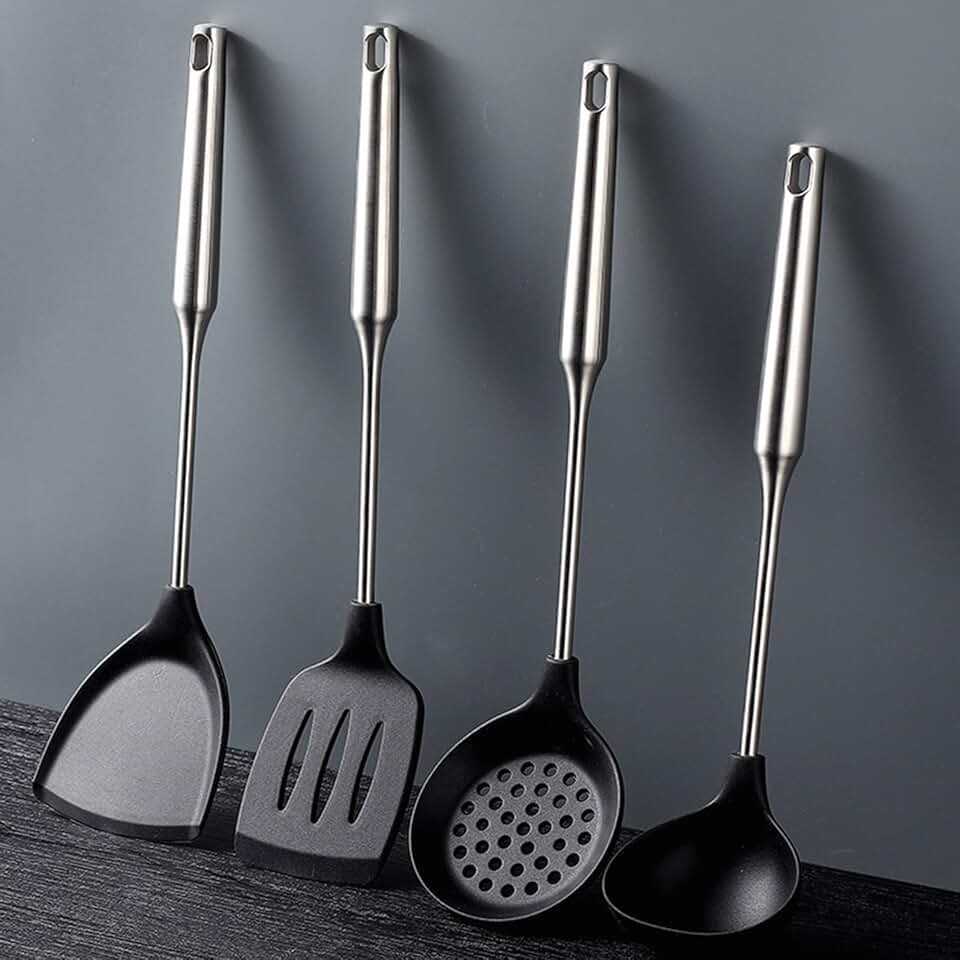 Heatproof Silicone Kitchen Utensil Set with Stainless Steel Handles