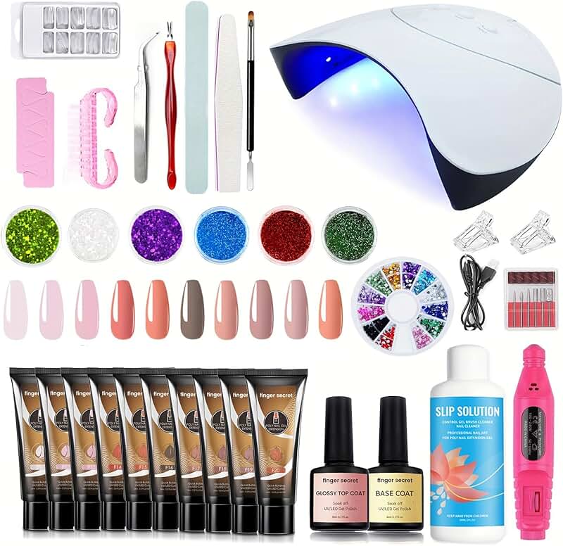 Poly Nail Gel Kit with Lamp, 15ml, 10 Colors, Tools