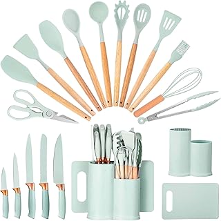 19-Piece Silicone Kitchen Utensil Set with Wooden Handles