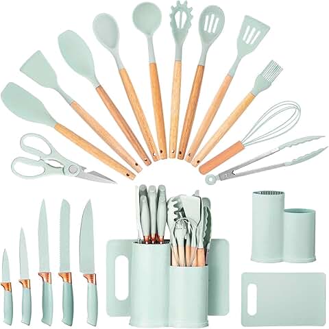 19-Piece Silicone Kitchen Utensil Set with Wooden Handles