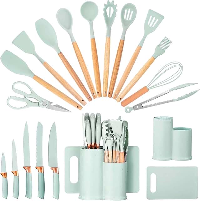 19-Piece Silicone Kitchen Utensil Set with Wooden Handles