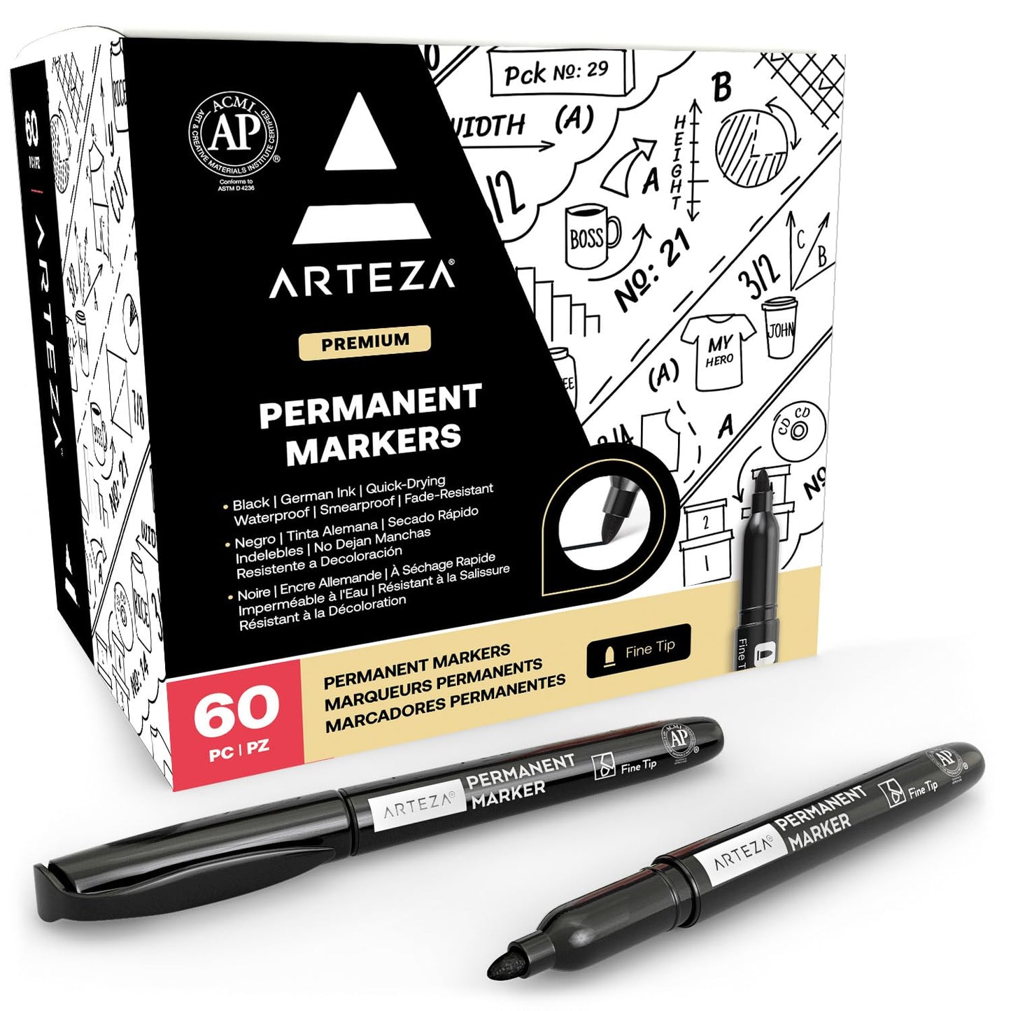 Set of 60 Waterproof Fine Tip Black Markers