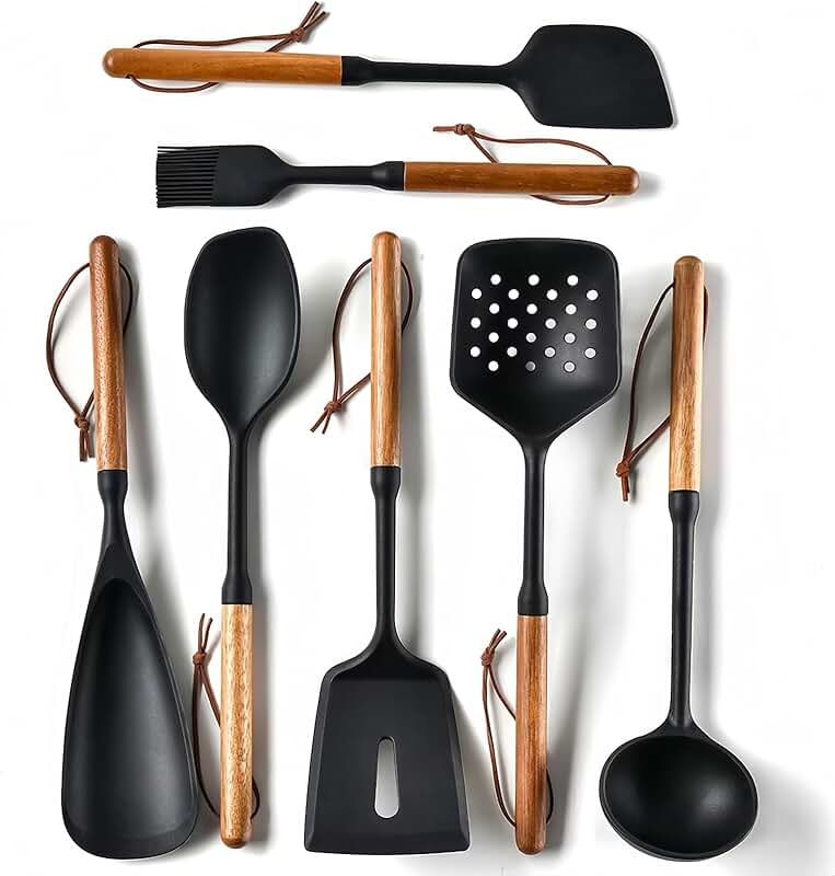 Silicone Cooking Utensils Set with Wood Handles