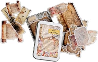 Vintage journal stickers in a tin box