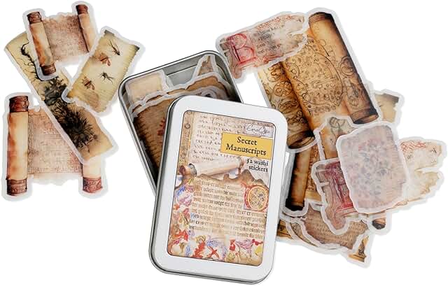 Vintage journal stickers in a tin box
