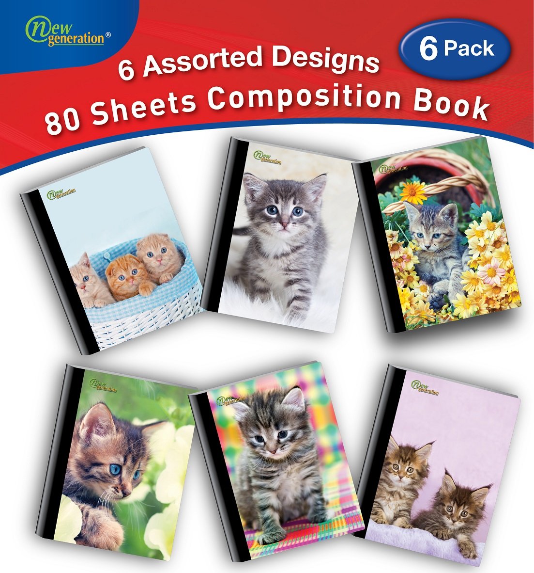 Kitten Design Composition Notebooks, 80 Sheets, 6 Pack