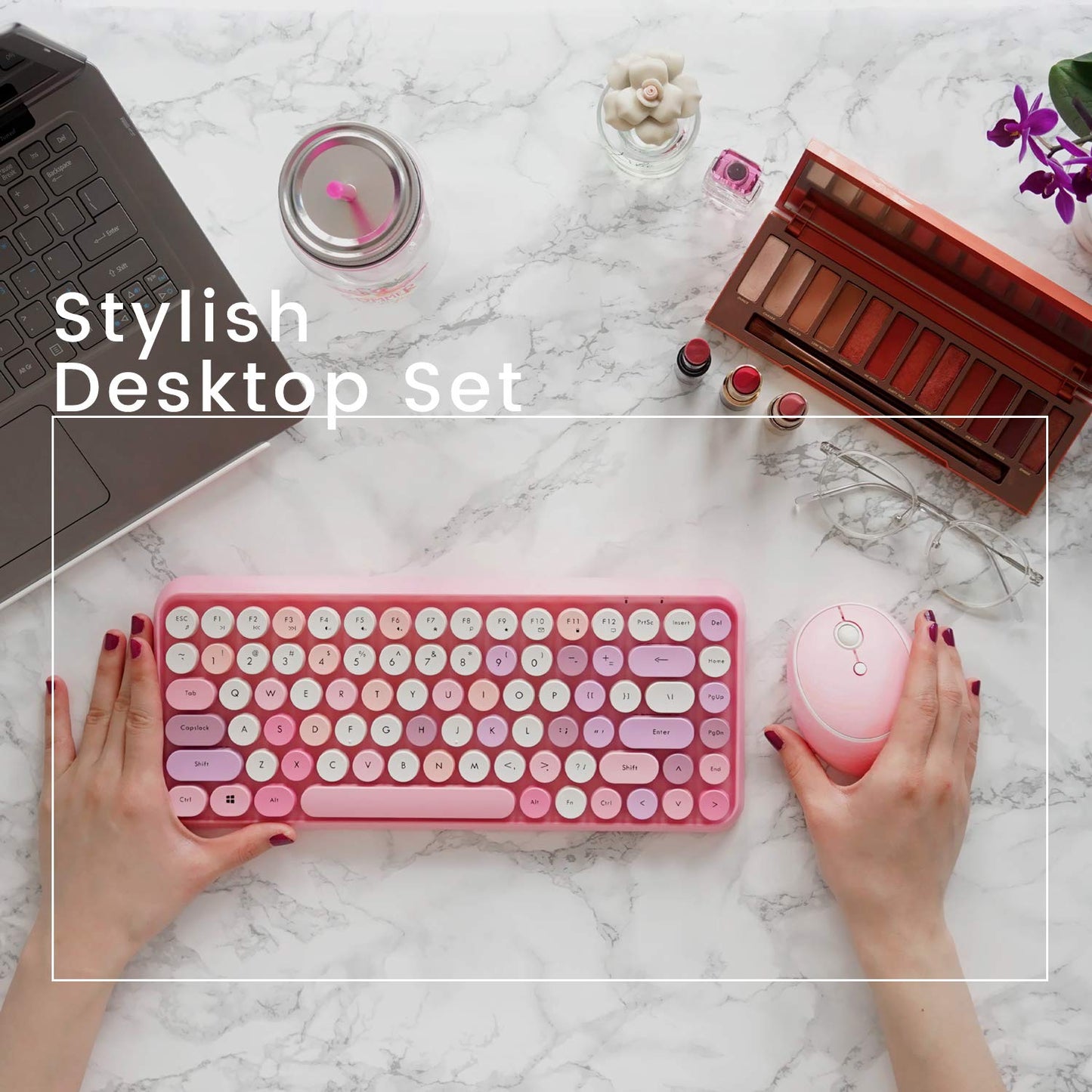 PERIDUO-713 Wireless Mini Keyboard and Mouse Combo, Retro Round Key Caps, Pastel Pink, US English Layout