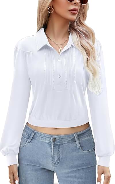 Long Sleeve Button-Down Collared Polo Shirts for Women