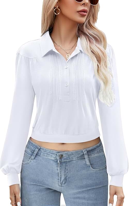 Long Sleeve Button-Down Collared Polo Shirts for Women