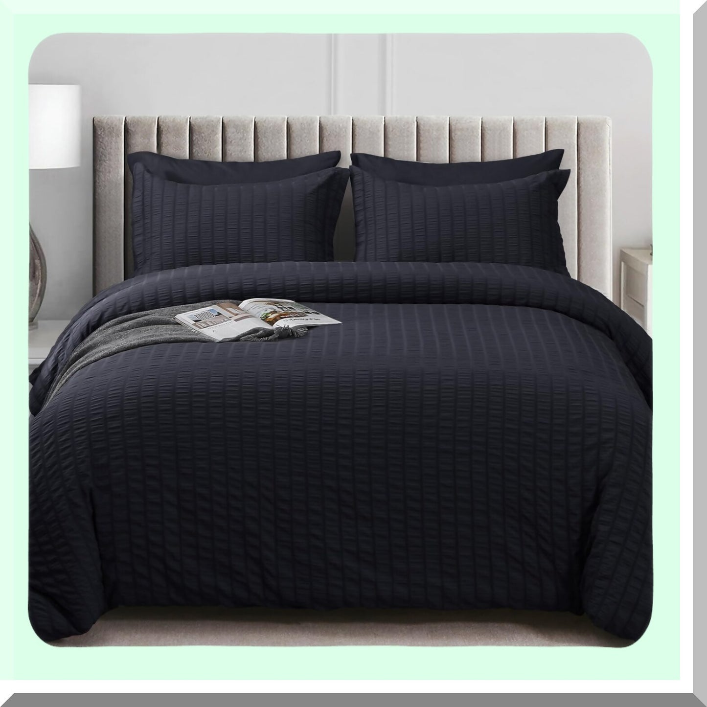 Luxury Black Seersucker Comforter Set - 3 Piece Bedding Set with Pillow Shams - Queen Size Bed Set for Bedroom - Soft and Cozy Comforter Set