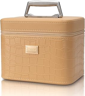 Large beige train case makeup organizer for women