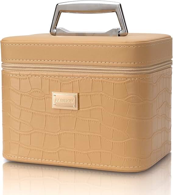 Large beige train case makeup organizer for women