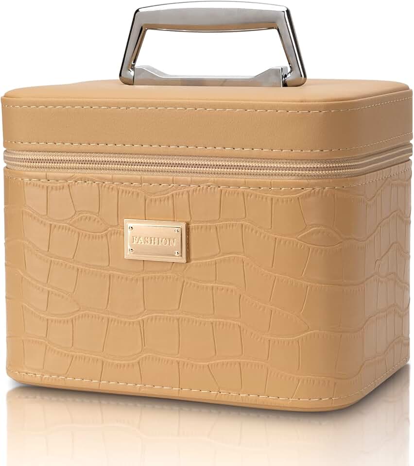 Large beige train case makeup organizer for women