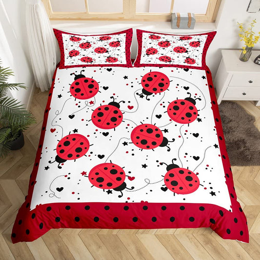 Red Ladybug Duvet Cover Queen Size Cartoon Ladybugs Bedding Set for Kids Child,Cute Ladybird Reptile Comforter Cover Beetles Bugs Pattern Bed Sets Chic Nature Art Lady Beetle Wild Animal Room Decor