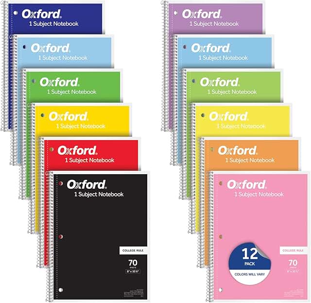 12 Spiral Notebooks, 8 x 10.5 inches, Assorted Colors