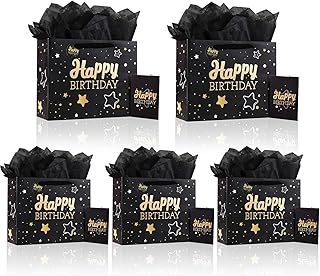 Set of 5 Black Birthday Gift Bags with Tissue and Card