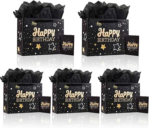 Set of 5 Black Birthday Gift Bags with Tissue and Card