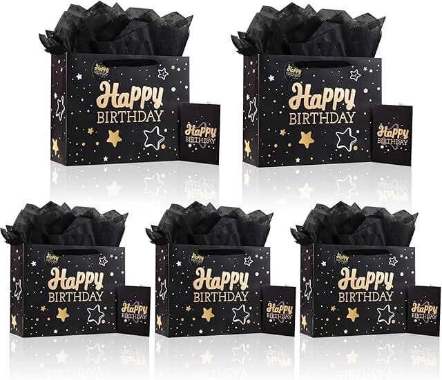 Set of 5 Black Birthday Gift Bags with Tissue and Card