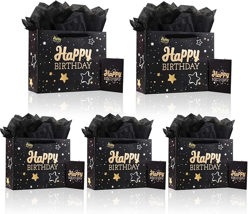 Set of 5 Black Birthday Gift Bags with Tissue and Card
